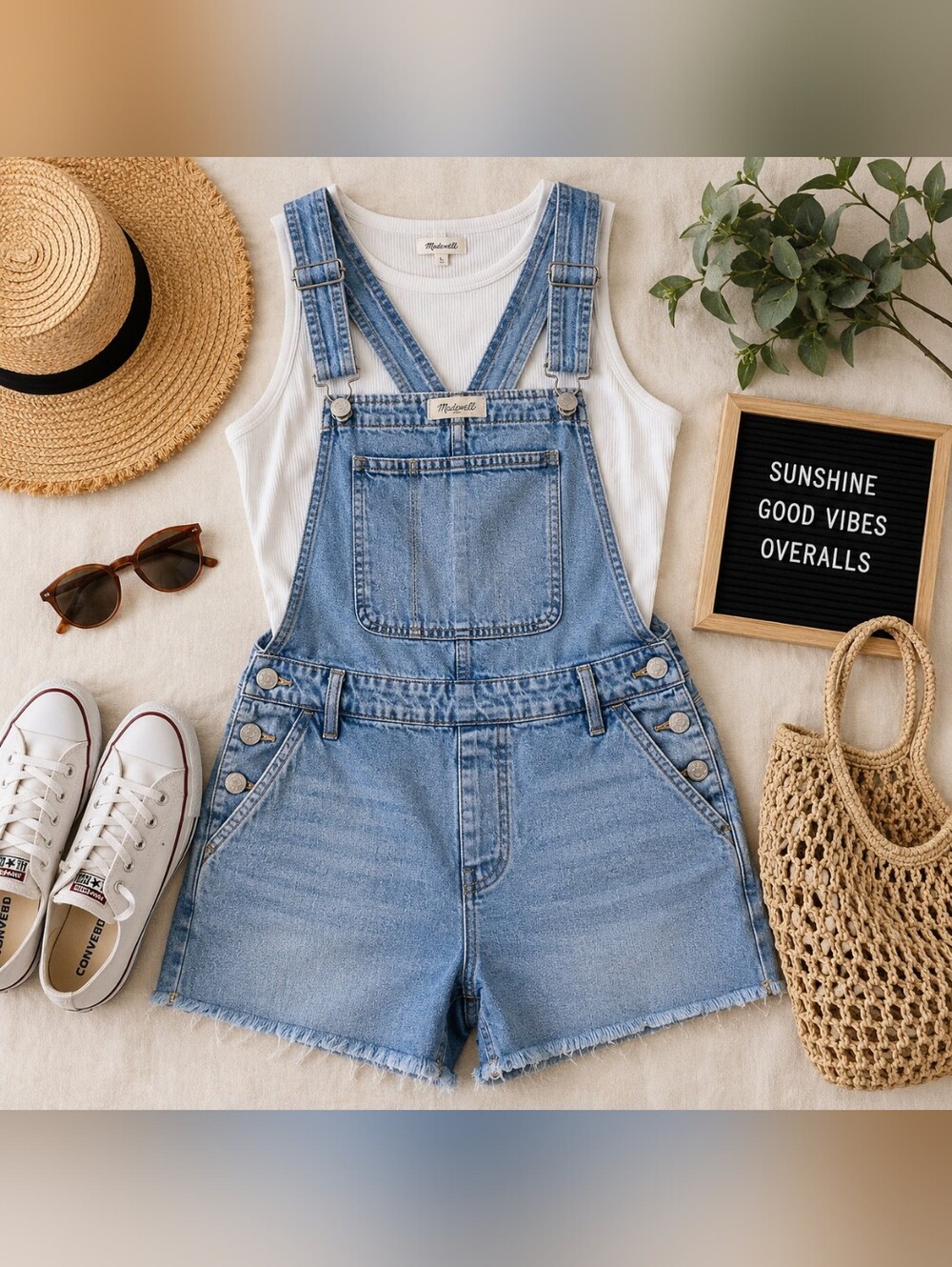 Madewell Denim Short Overalls Womens Large Blue Bib Raw Hem 100% Cotton Summer